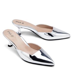 Inez Alta silver metallic kitten heel mules